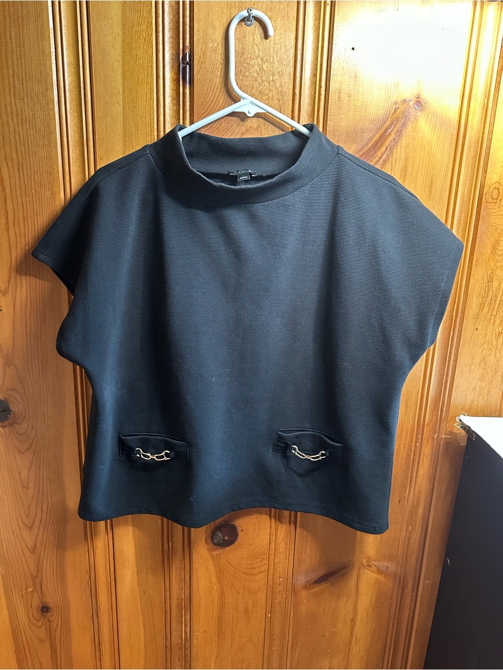 Ann Taylor Black Short-Sleeve Mock Neck Top with Pocket Chain Detail